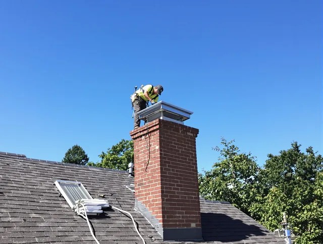 West Warwick Chimney Sweep technician measuring a chimney cap in West Warwick, RI