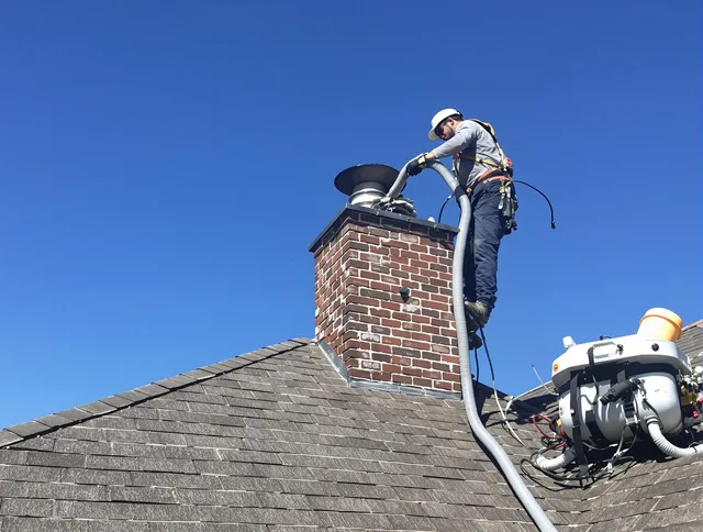 Dedicated West Warwick Chimney Sweep team member cleaning a chimney in West Warwick, RI