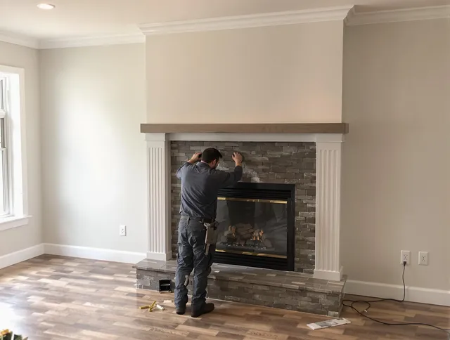 West Warwick Chimney Sweep finishing a custom fireplace install in West Warwick, RI